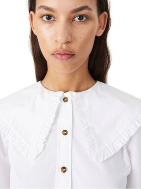 Ganni White Popin Ruffle Collar Blouse